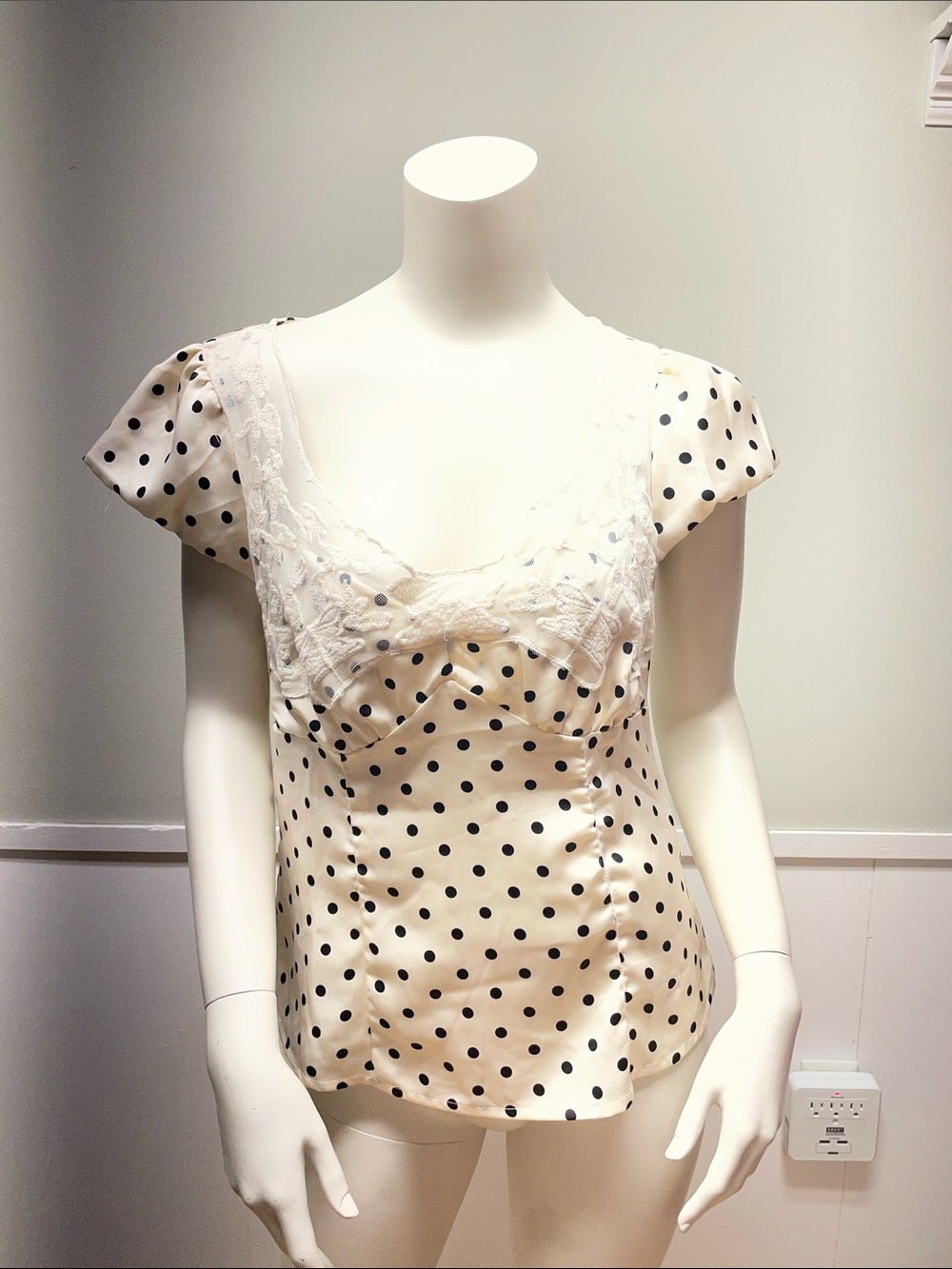 Lace Trim Polka Dot Satin Blouse - Ivory/Black